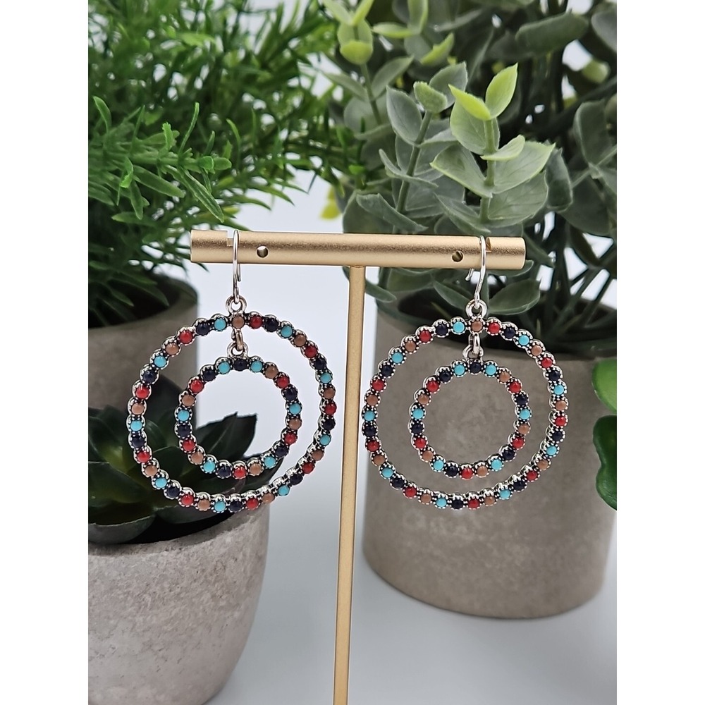 Chaps Silver Tone Multi Stone Double‎ Circle Detailed Beads Dangle Earrings